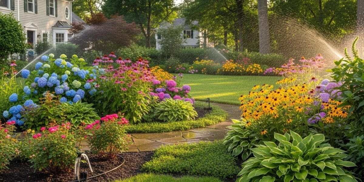 Lush garden in New Jersey with automatic irrigation system watering vibrant plants