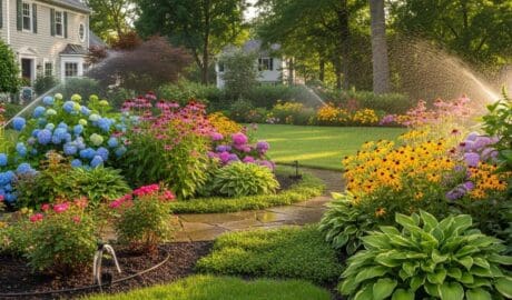 Lush garden in New Jersey with automatic irrigation system watering vibrant plants