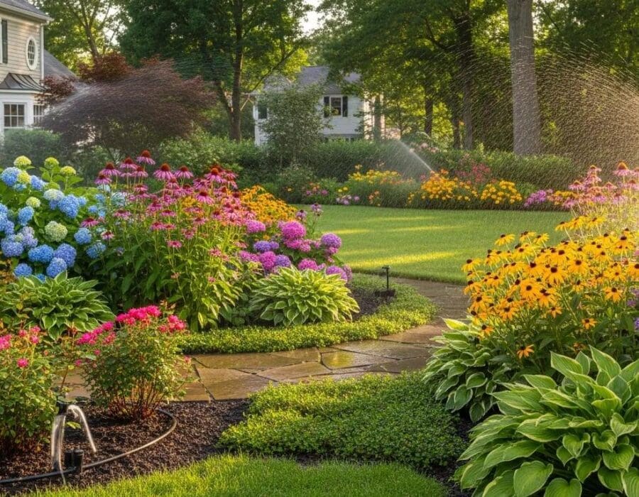 Lush garden in New Jersey with automatic irrigation system watering vibrant plants