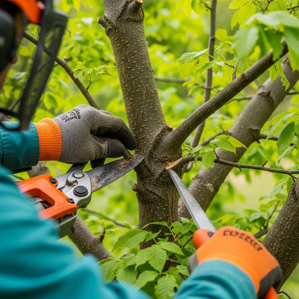 Arborist demonstrating crown thinning technique on a tree during professional maintenance