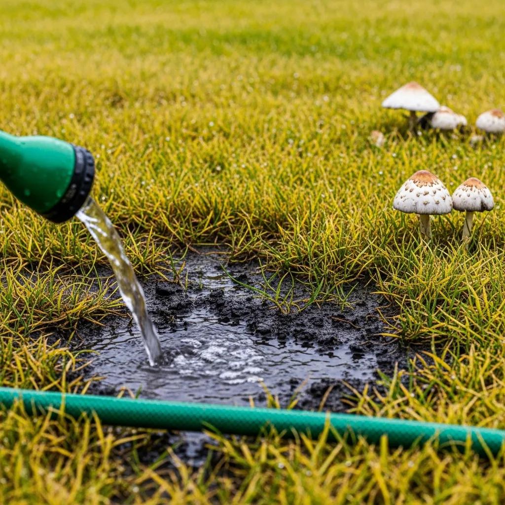 Close-up of a lawn with yellowing grass and mushrooms, depicting the effects of overwatering