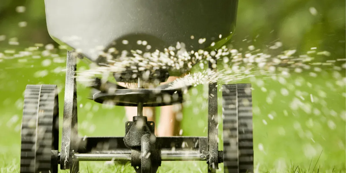 Professional applying fertilizer to a healthy green lawn