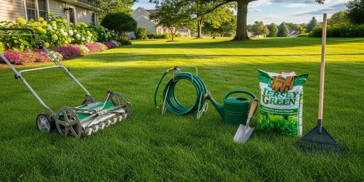 Lush green lawn in New Jersey with garden tools, representing effective lawn care and fertilization