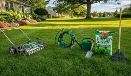 Lush green lawn in New Jersey with garden tools, representing effective lawn care and fertilization