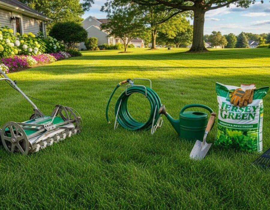 Lush green lawn in New Jersey with garden tools, representing effective lawn care and fertilization