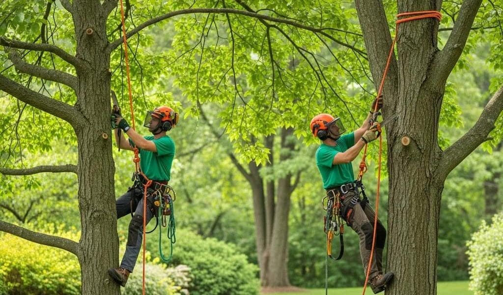 Professional arborist pruning a tree in a beautiful Scotch Plains landscape