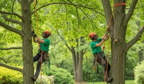 Professional arborist pruning a tree in a beautiful Scotch Plains landscape