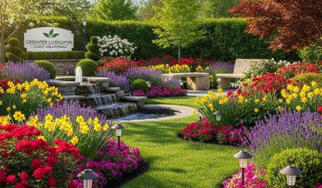 Beautifully landscaped garden in New Jersey with colorful flowers and decorative elements