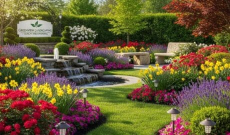 Beautifully landscaped garden in New Jersey with colorful flowers and decorative elements