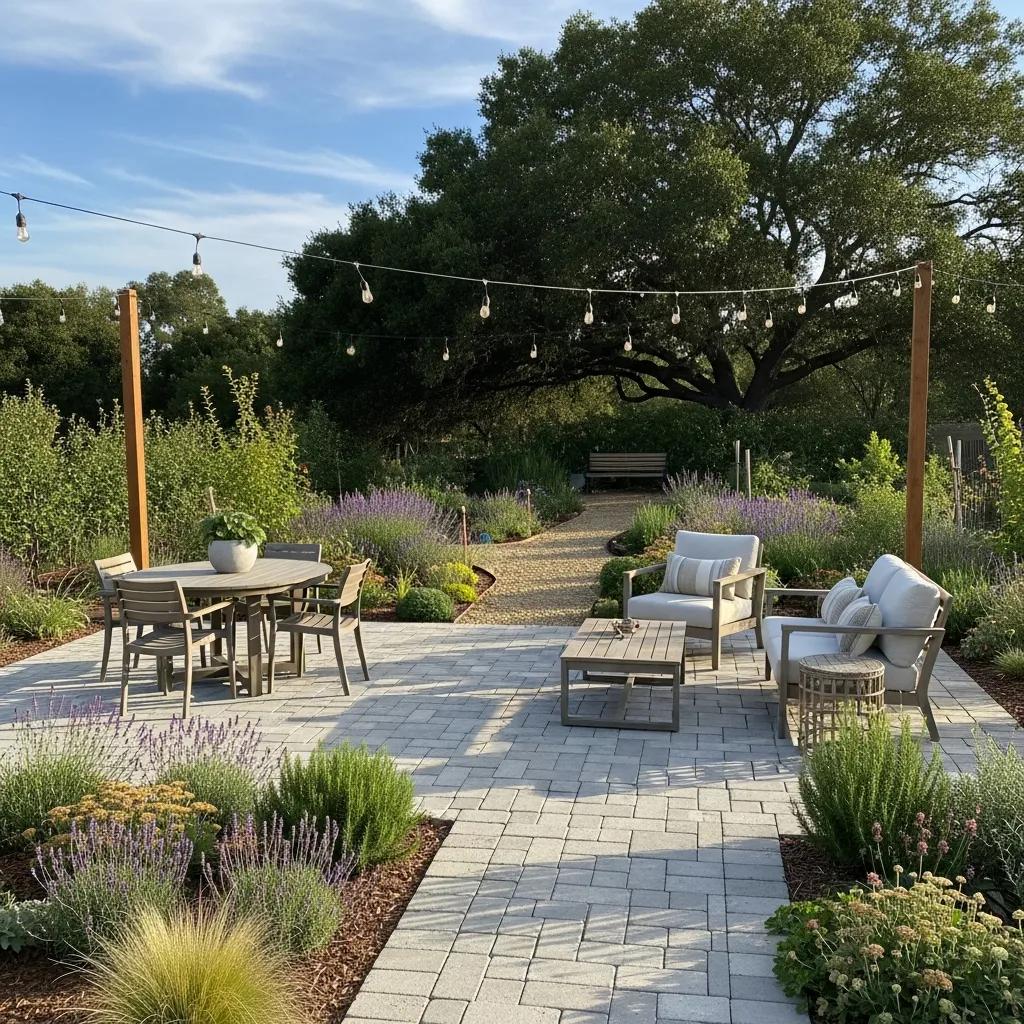 Cost-effective paver patio made from recycled materials surrounded by a beautiful garden