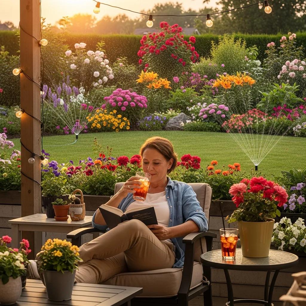 Homeowner relaxing on patio with automated irrigation system watering garden