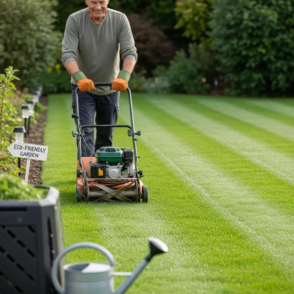 Professional landscaper maintaining a lush green lawn with eco-friendly tools