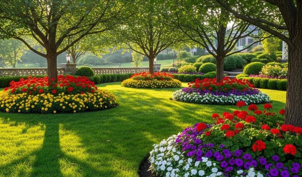 Professional landscaping in New Jersey with a manicured lawn and colorful flower beds