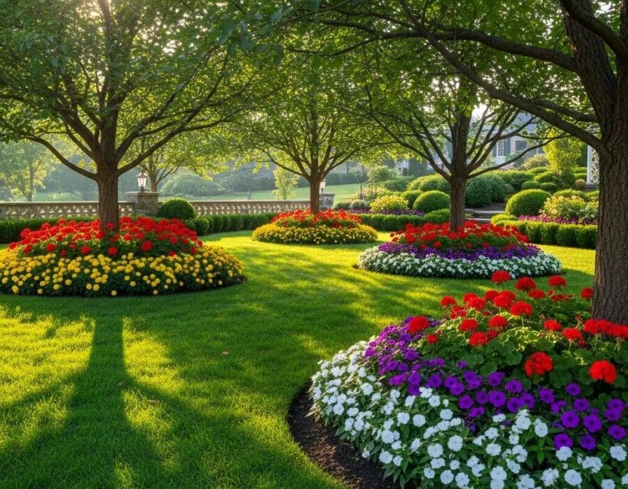 Professional landscaping in New Jersey with a manicured lawn and colorful flower beds